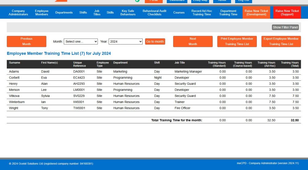 Employee Member Training Time Example